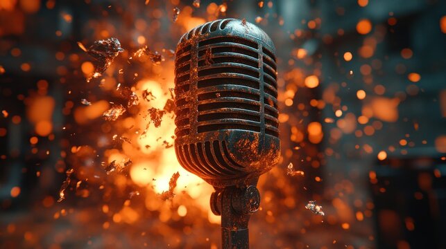 Rusty microphone amidst fiery explosion