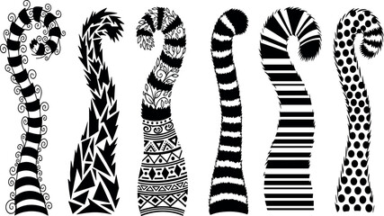 Stylized black-and-white cat tails with unique patterns – flavector decorative feline texture collection © MD