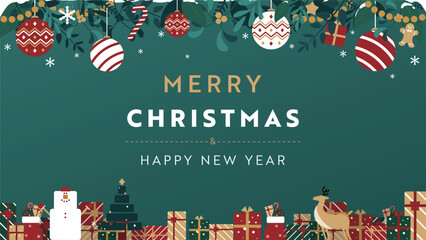 Fototapeta na wymiar クリスマスオーナメントとプレゼントボックスで飾られたクリスマスの背景テンプレート（緑）　Christmas background template decorated with Christmas ornaments and gift boxes (green)