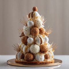 A tiered, decorative cake, shaped like a small Christmas tree.  White, tan, and light brown piped frosting,  with chocolate balls, and small, delicate pastries.  Towering design