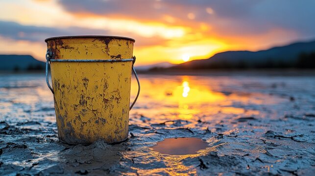 Rusty yellow bucket on muddy shore at sunset