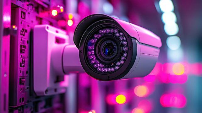 Security camera on a server wall, vibrant pink lights