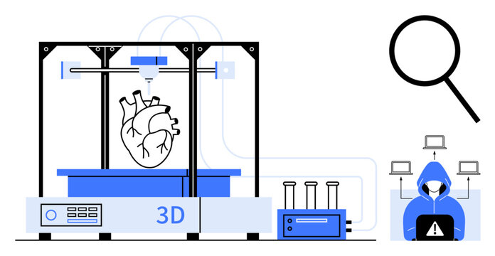 3D printer crafting anatomical heart, magnifying glass, test tubes, and hacker highlight innovation, data security, and research. Ideal for technology, health, science biotech cybersecurity