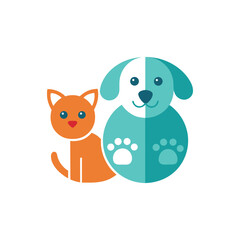 Charming pet logo design featuring a friendly orange cat and a turquoise dog, created using soft, rounded shapes. Flat vector icon for animal services and pet care