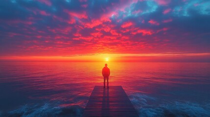 Fototapeta premium Silhouette figure on pier at vibrant sunset