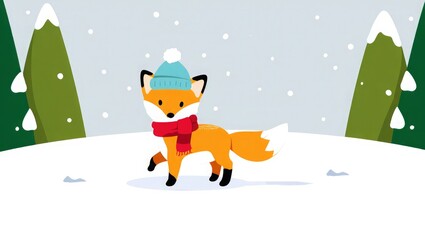 Cute fox wearing a hat and scarf in a snowy forest