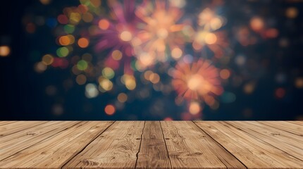 Wooden table with new year bokeh background