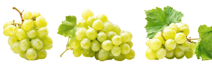 Three bunches of white grapes with leaves on black