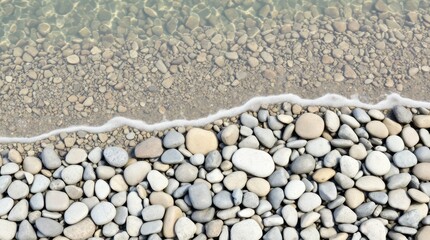 Serene Shoreline: A tranquil view of a pebble-strewn shore as gentle waves caress the edge, capturing the simple beauty of nature.