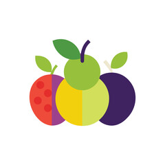 Vibrant flat design illustration of a fresh fruit assortment, featuring a stylized apple, plum, and pear icon collection for modern projects