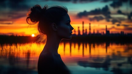 Silhouette woman at sunset over industrial landscape