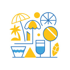 A collection of retro beach holiday symbols with thin blue outlines, featuring a palm tree, umbrella, and cocktail for a summer vacation concept