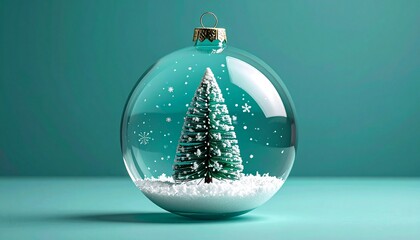 transparent ornament with snowy pine trees and snowflakes on teal background, festive winter scene