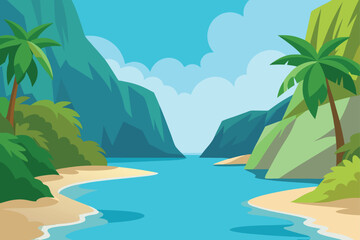 Tropical paradise landscape illustration with palm trees Vector