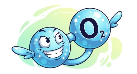 Obraz premium Cartoon Oxygen Molecule Character with Smiling Face and Bubbles