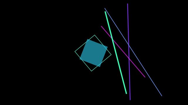 Geometric shapes dance in the dark, a square and lines intertwining in a vibrant display of color and form, creating a modern abstract composition