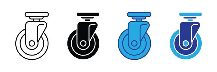 Set of four caster wheel icons in black outline, solid black, bright blue, and dark blue variations, isolated on white background isolated on white background