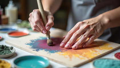 Fototapeta premium Artist using a brush to apply vibrant pigments on a canvas in a creative workspace 