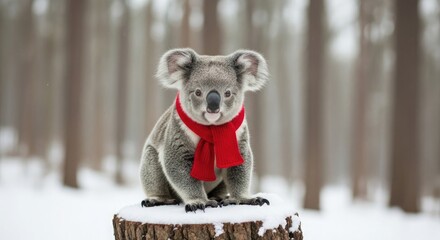 Koala wearing red scarf sits on snowy tree stump animal