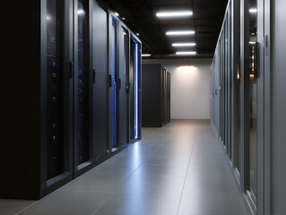 Modern server room with rows of data storage racks, ideal for showcasing cloud computing infrastructure or IT solutions, offering secure digital environments