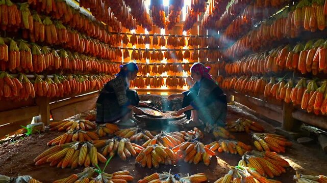 Hmong minority people working and smiling with labor achievements expressed happy, satisfied after date of harvest corn on a fall morning in Mu Cang Chai town, Yen Bai, Vietnam. Travel concept.