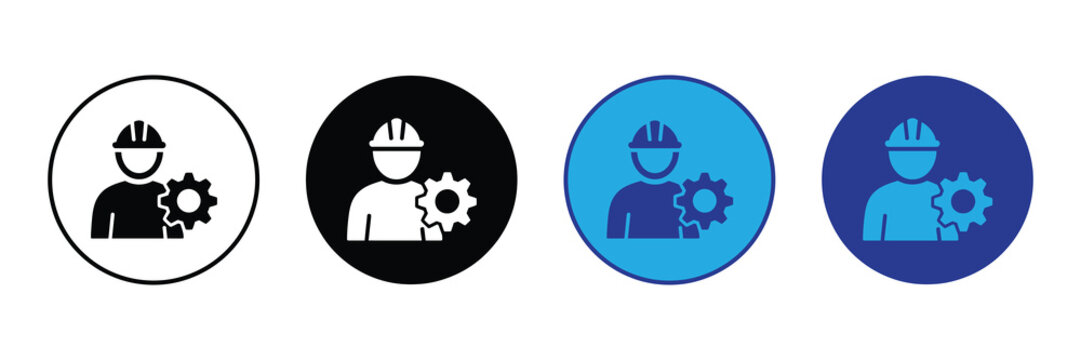 Engineer icon with gear symbol, representing industry, manufacturing, construction, and mechanical work. multiple color variations for versatility and design applications. isolated on white background