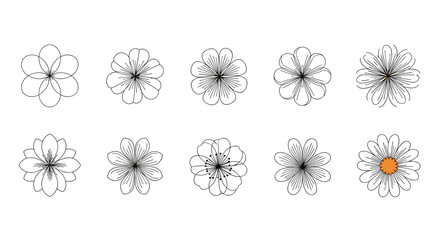 Collection of ten simple line art floral illustrations on a white background.