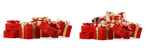 set of presents or gifts in red cover and golden ribbon for christmas santa claus gifts for christmas gifts