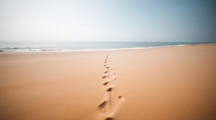 Footprints to the Horizon: A serene beach scene. Leading the eye along a trail of footprints in the golden sand towards the tranquil ocean.Capturing a sense of journey and tranquility.
