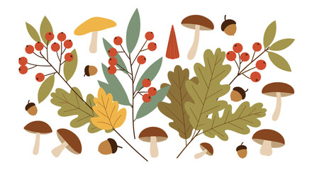 Collection of stylized autumn elements including mushrooms, berries, acorns, and oak leaves.