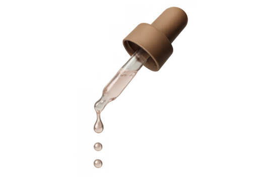 Dropper dispensing a cosmetic serum, showing drops of liquid for skincare and beauty rituals, with a transparent background