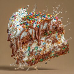 Chocolate cake slice, whipped cream, sprinkles, splash
