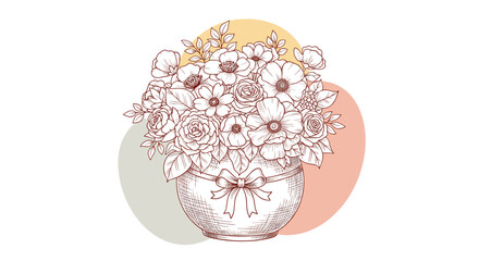 Line art sketch of a floral bouquet in a decorative vase tied with a ribbon.