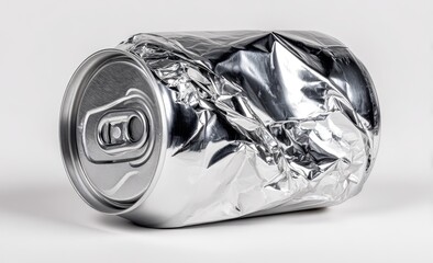 Crinkled aluminum can on a plain background
