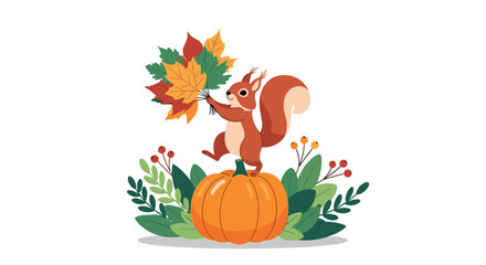 Cute cartoon squirrel holding autumn leaves while standing on a pumpkin with decorative foliage.
