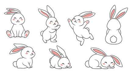 Collection of cute cartoon white rabbits in various playful poses, perfect for Easter and spring themes.
