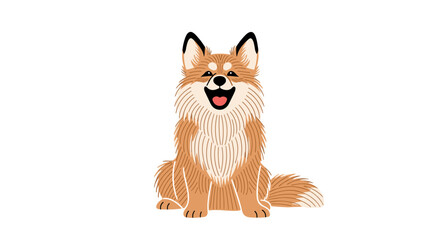 A cute fluffy cartoon dog with a wide smile sits on a white background.