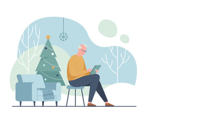 Senior man using a digital tablet by the Christmas tree enjoying holiday communication and modern retirement