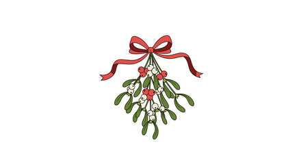 A festive sprig of mistletoe tied with a red ribbon and decorated with red and white berries.