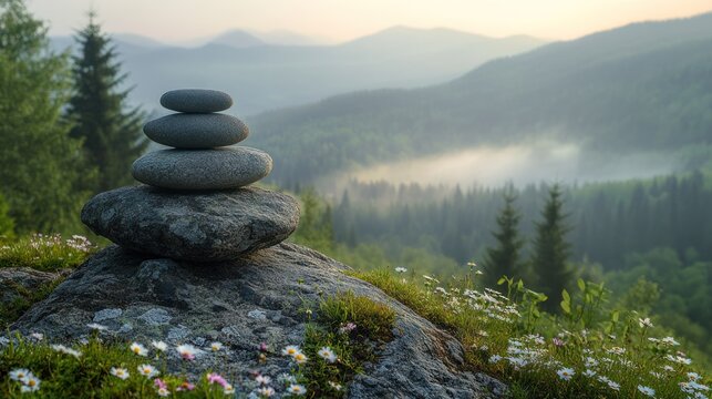 Stacked stones atop a mountaintop, misty valley view - Powered by Adobe