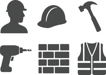 Construction worker safety gear tools and materials icons set