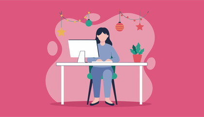 Woman working remotely on a computer desk decorated with Christmas ornaments