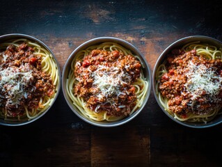 Three bowls of spaghetti with meat sauce, topped with cheese, arranged on a dark wooden surface