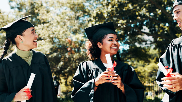 Happy people, certificate and graduation with qualification on campus for education or learning. Group, students or graduates with smile, degree or diploma for academic milestone or achievement