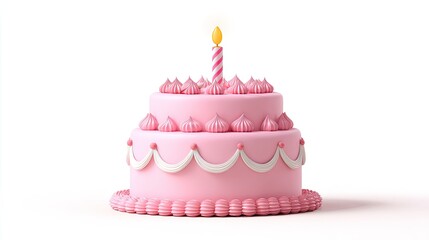 Pink two-tiered birthday cake, decorated with pink frosting, white icing swirls, and a single lit yellow candle