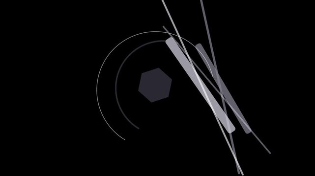 Abstract geometric composition featuring a hexagon, lines, and a partial circle against a stark black background, creating a modern and minimalist aesthetic