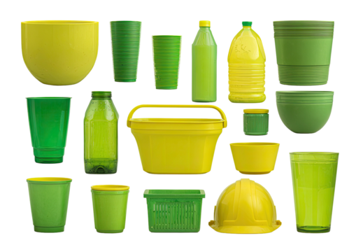 Assorted green & yellow plastic items on a dark background