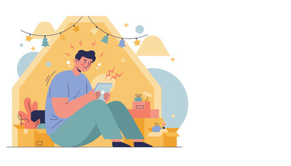 Fototapeta premium Stressed man dealing with holiday anxiety and digital frustration surrounded by festive boxes and decor