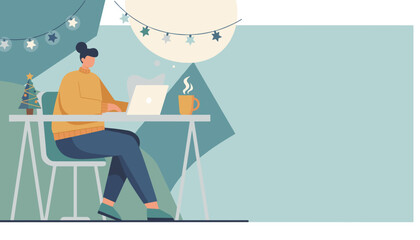 Cozy home office during holidays Woman working on laptop with Christmas tree