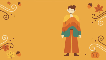 Fall season background with illustrated person leaves acorns and copy space